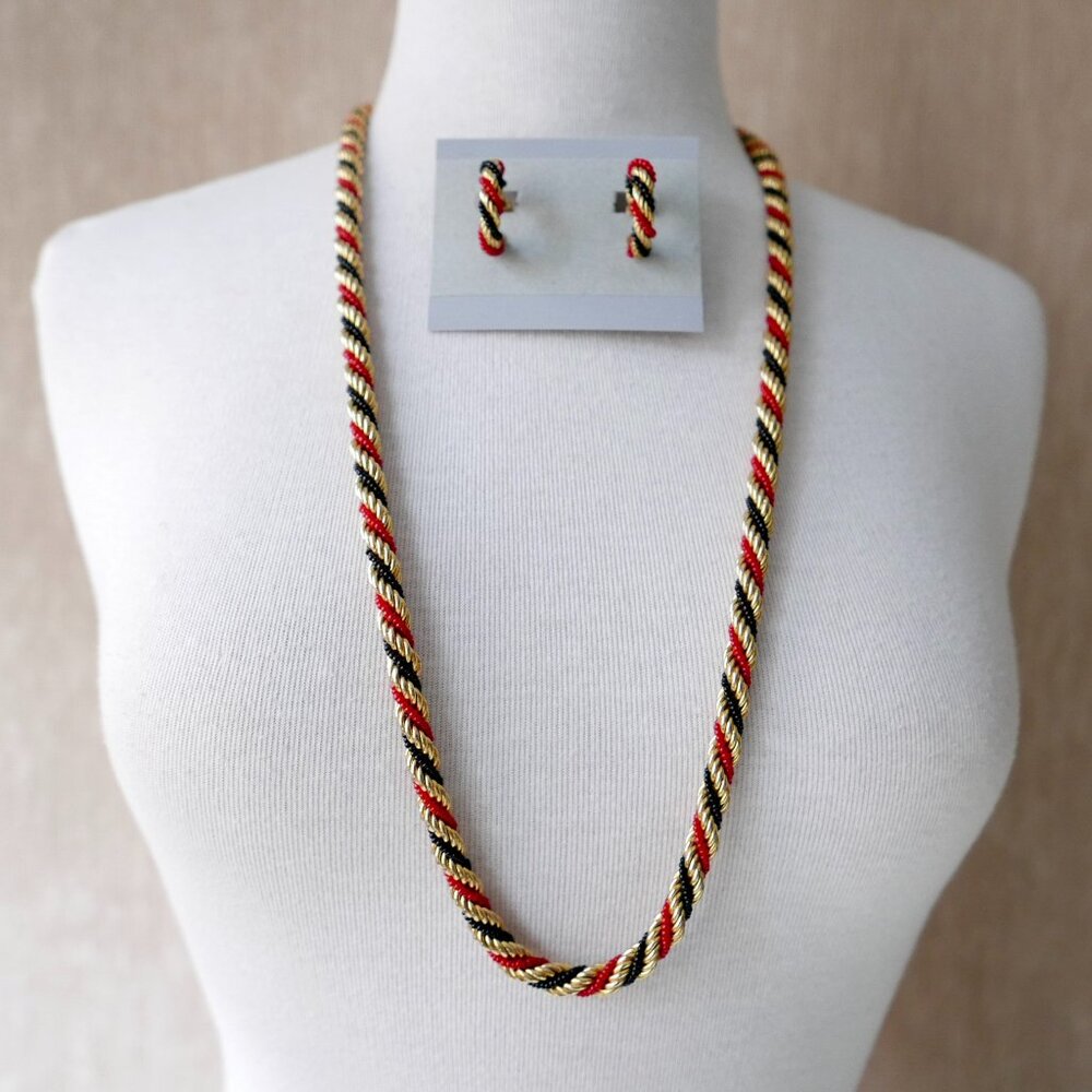 Vintage Red Black & Gold-Tone Rope Necklace & Earrings